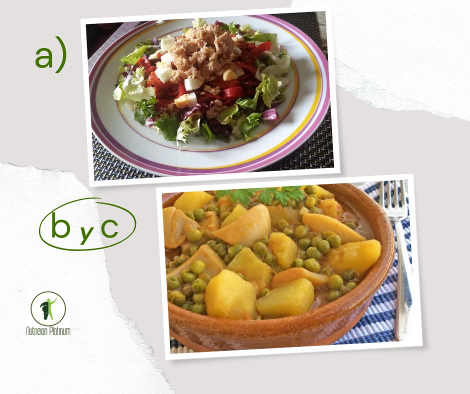 Ensalada de pimientos asados atún y huevo con patatas con choco a la marinera